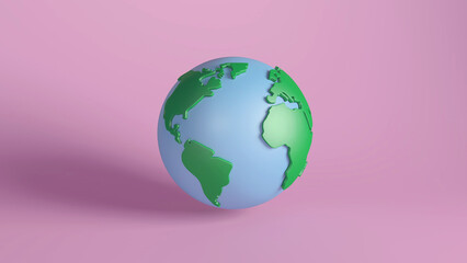 3D Render of Earth Globe with Green Continents on Pink Background