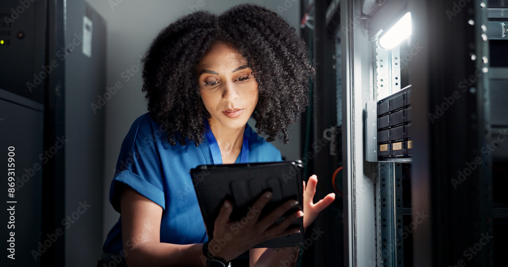 Aufkleber Tablet, data center and technician programming software, update or system network maintenance. Technology, server room or woman on database for information, cyber security or code for cloud computing
