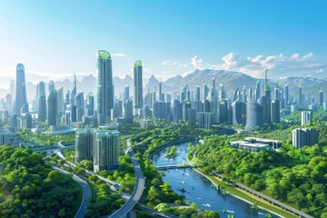 Obraz premium In a futuristic city, there are trees and a river. Stock is at work here.