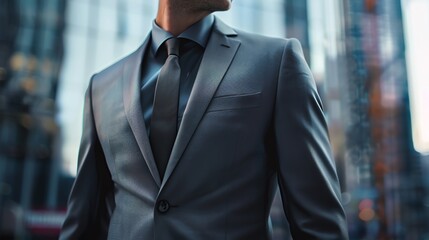 Closeup half body dark gray male suit, slim fit design, showcasing a sleek and modern business style against a blurred cityscape background