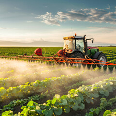 Fototapeta premium spraying pesticide with tractor at agriculture field