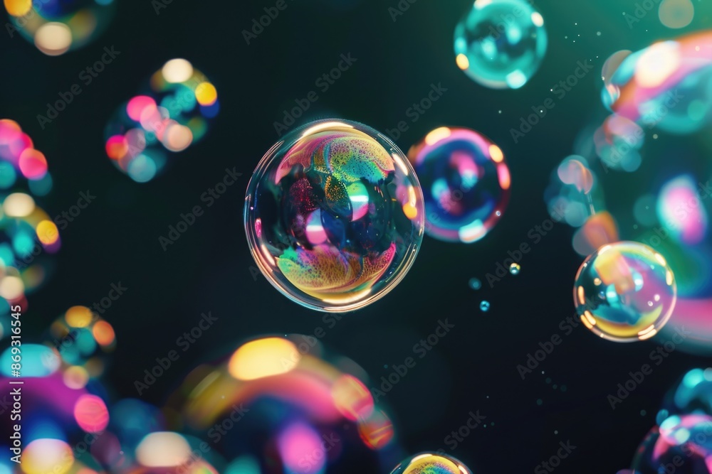 Poster a bunch of soap bubbles floating in the air, with soft focus and blurred background