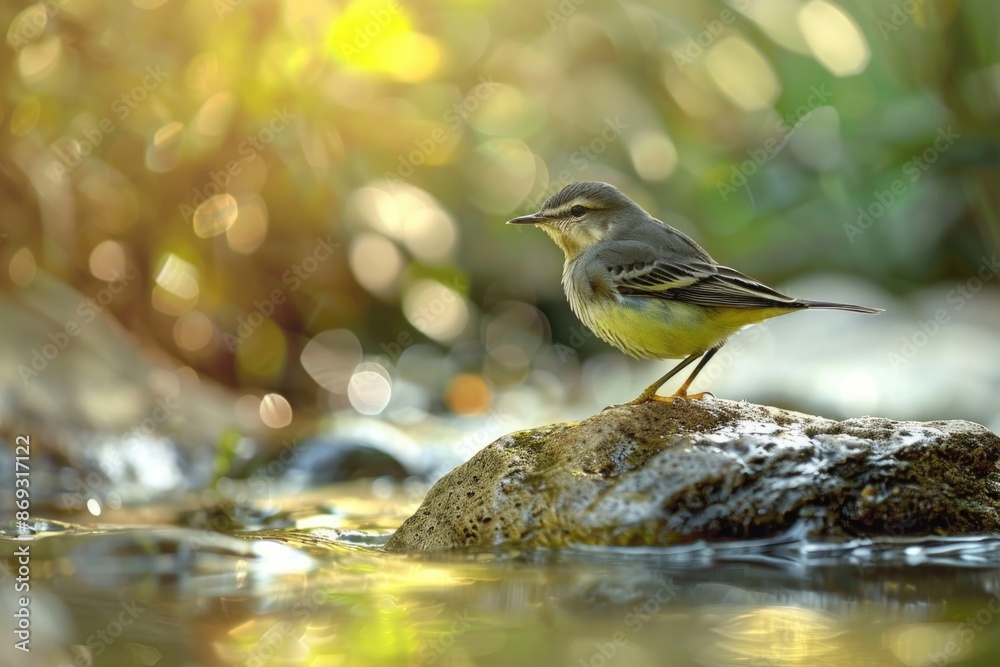 Poster a small bird perches on a rocky outcropping in a serene stream setting