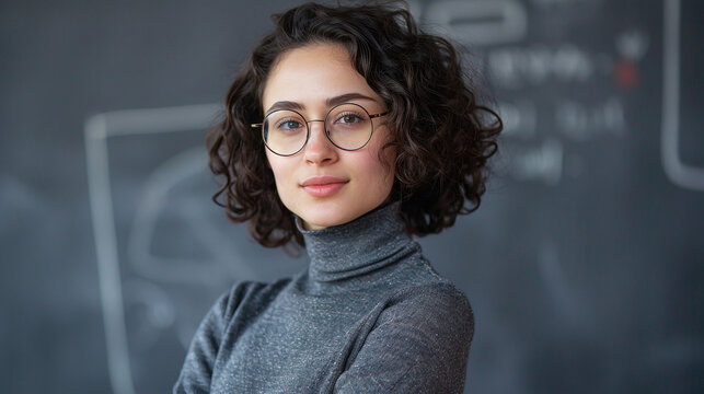 Young female school teacher in gray sweater and glasses standing near school board in classroom - Powered by Adobe