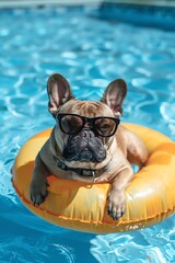 A French bulldog with sunglasses afloat on an inflatable ring in a swimming pool with blue water