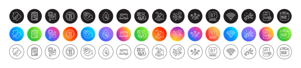 Metro map, Toilet paper and Food line icons. Round icon gradient buttons. Pack of Report, 24 hours, 5g wifi icon. Boat fishing, Ole chant, No alcohol pictogram. Vector