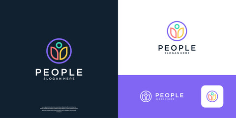 Minimalist people logo design template. Colorful line art icon human unity logo vector.