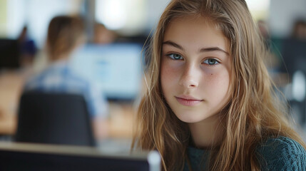 Obraz premium Schoolgirl sitting in front of computer in IT class at school
