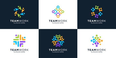 Set of colorful teamwork logo design template. Modern people or humanity symbol logo vector.