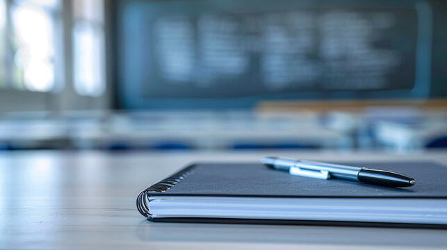 Notebook and pen lying on desk in modern school classroom