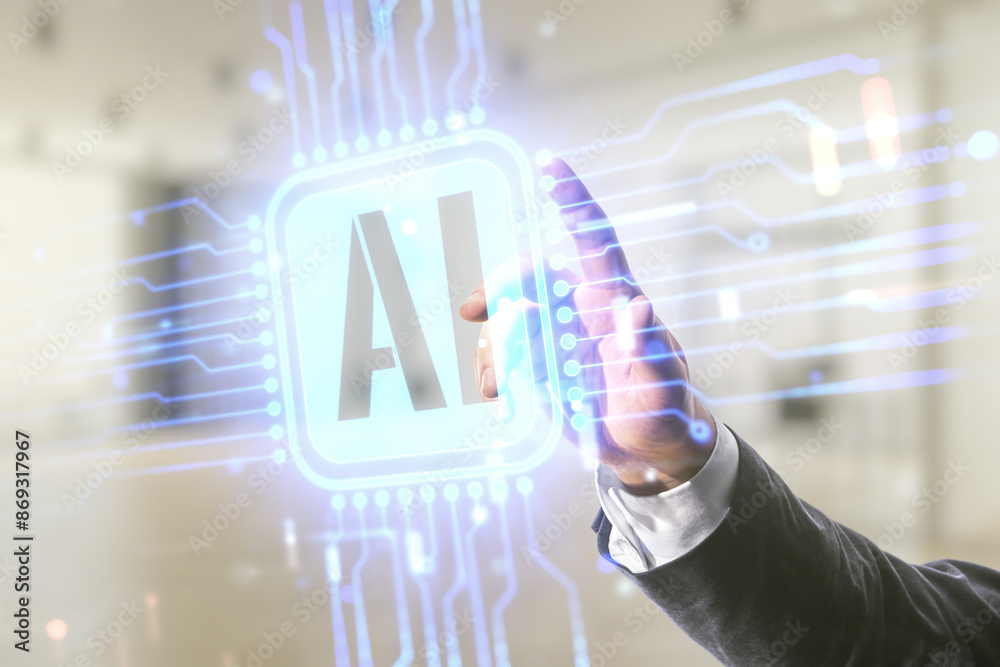 Poster double exposure of man hand presses on creative artificial intelligence icon on blurred office backg