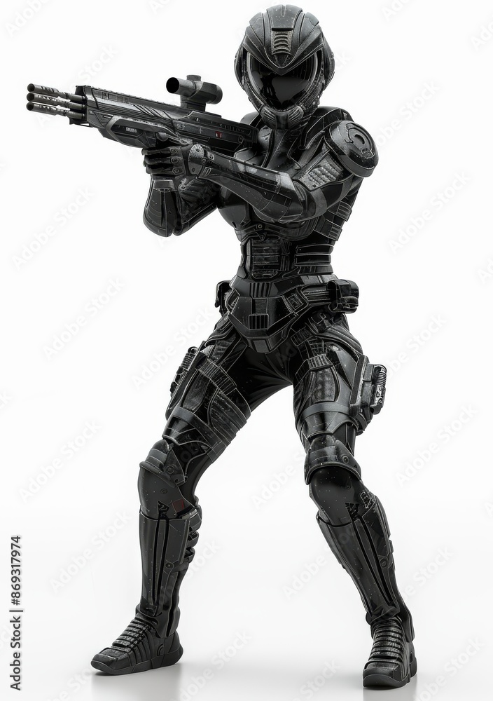 Canvas Prints Young girl in a futuristic black armor suit with a helmet. Shooter. 3D rendering on white background. Science fiction cyborg female jumping and shooting with gun.