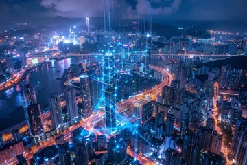 Fototapeta premium Smart futuristic city technology with digital glowing light reflection, smart modern mega city with neon technology background, night life Smart futuristic city with big data technology.