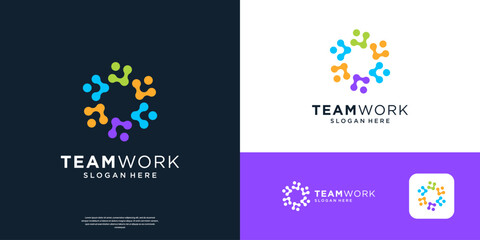 Geometric people symbol for teamwork logo design colorful.