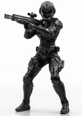 Young girl in a futuristic black armor suit with a helmet. Shooter. 3D rendering on white background. Science fiction cyborg female jumping and shooting with gun.