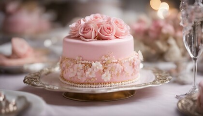 A four-tiered pink cake adorned with flowers and gold roses, garnished with white pearl beads.