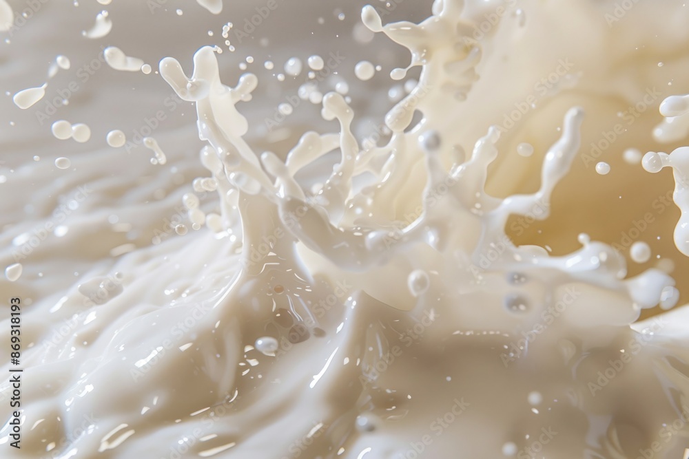 Poster a close-up view of milk being poured into a bowl, great for use in recipes or food-related content