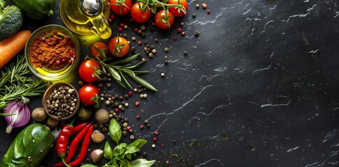 Fresh Red Tomatoes, Green Peppers, Black Peppercorns and Spices