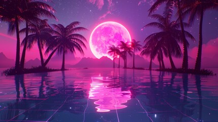 Retro sci-fi 80s retro, retro 90s. Night, mountains, and palm trees. Retro wave VJ videogame landscape, retro synthesizer.