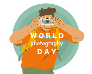 A man with an amateur camera takes photographs. Capturing great memories while traveling or at a party. World Photography Day. Vector illustration isolated on transparent background.