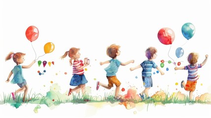 Fototapeta premium Watercolor illustration of joyful children running with balloons, celebrating in a lively, colorful setting, capturing the essence of childhood.
