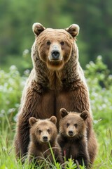 Fototapeta premium Protective brown bear mother with two cubs standing in a lush green meadow