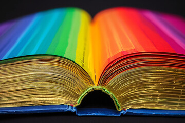 Rainbow-colored book on dark background. Accessibility of literature for everyone