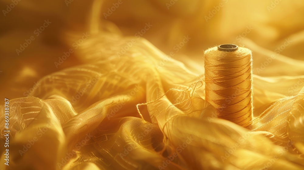 Poster a spool of thread resting on a pile of colorful fabric, great for use in craft or sewing projects