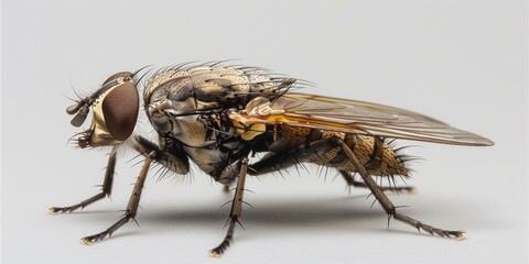 A close-up shot of a fly sitting on a white surface, with a simple background