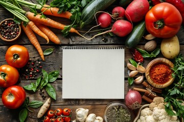 Fresh Vegetables and Spices on Brown Wooden Background with Blank Paper