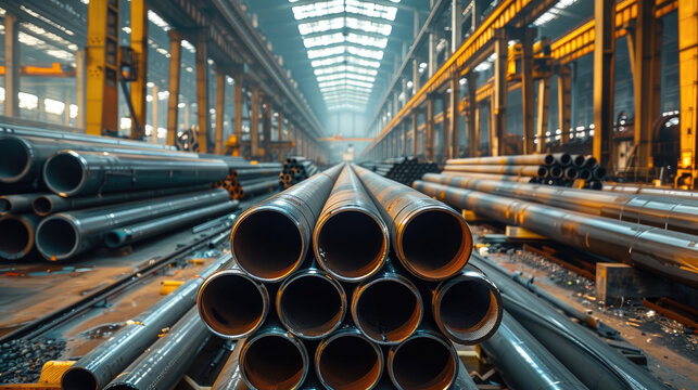 In a metallurgical plant workshop, a gantry crane loads steel pipes. Generative AI.