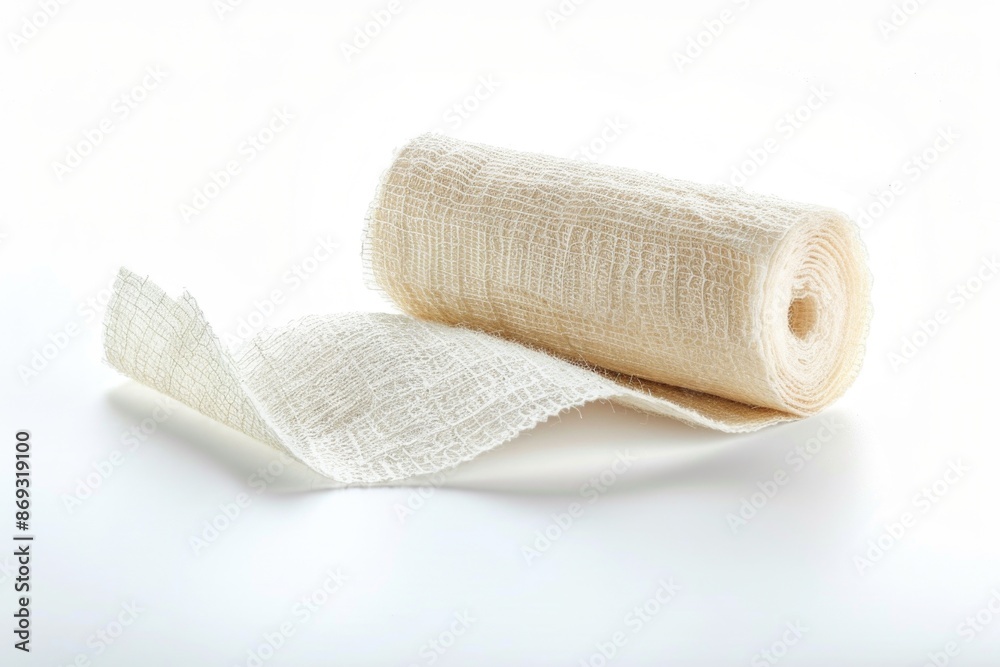 Poster a rolled piece of fabric sits on a white surface, ready for use or display
