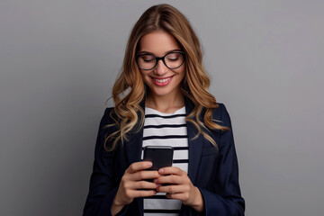 Fototapeta premium Happy Young Businesswoman in a Dark Blue Suit and Glasses Using a Mobile Phone