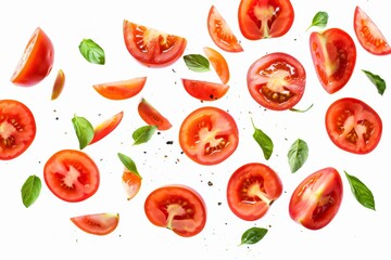 Naklejka premium Floating tomatoes with green leaves on a white background, fresh organic fruit with high vitamins and minerals.