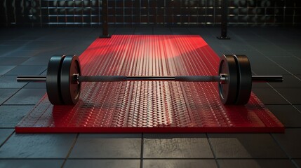 weightlifting platform with a loaded barbell, showcasing the weights and rubber flooring