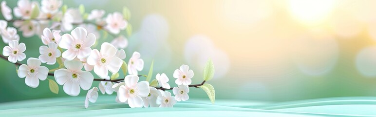 Obraz premium paper art of white and yellow flower plant with green meadow and sunset on background