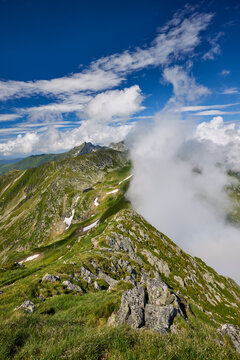 Landscape with the Fagarasi mountains in Romania on a summer day.