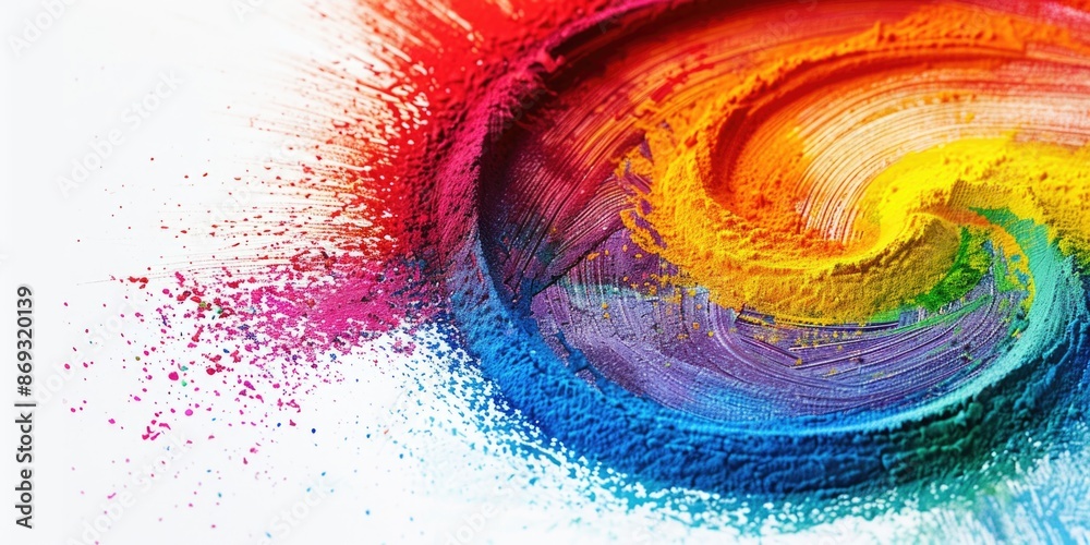 Poster a vibrant and abstract representation of paint swirling on a white background, perfect for use in de