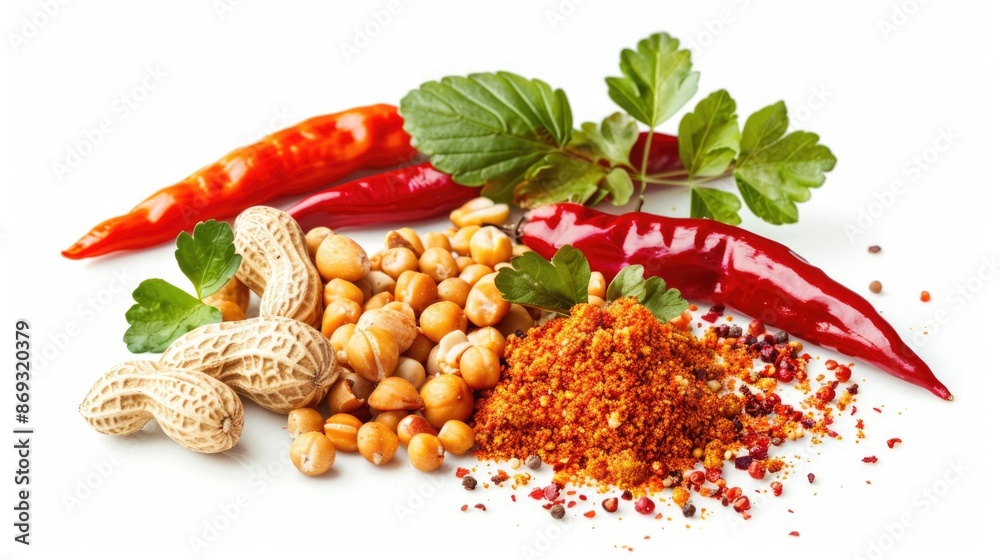 Poster A selection of various spices and nuts arranged on a white surface for display or use