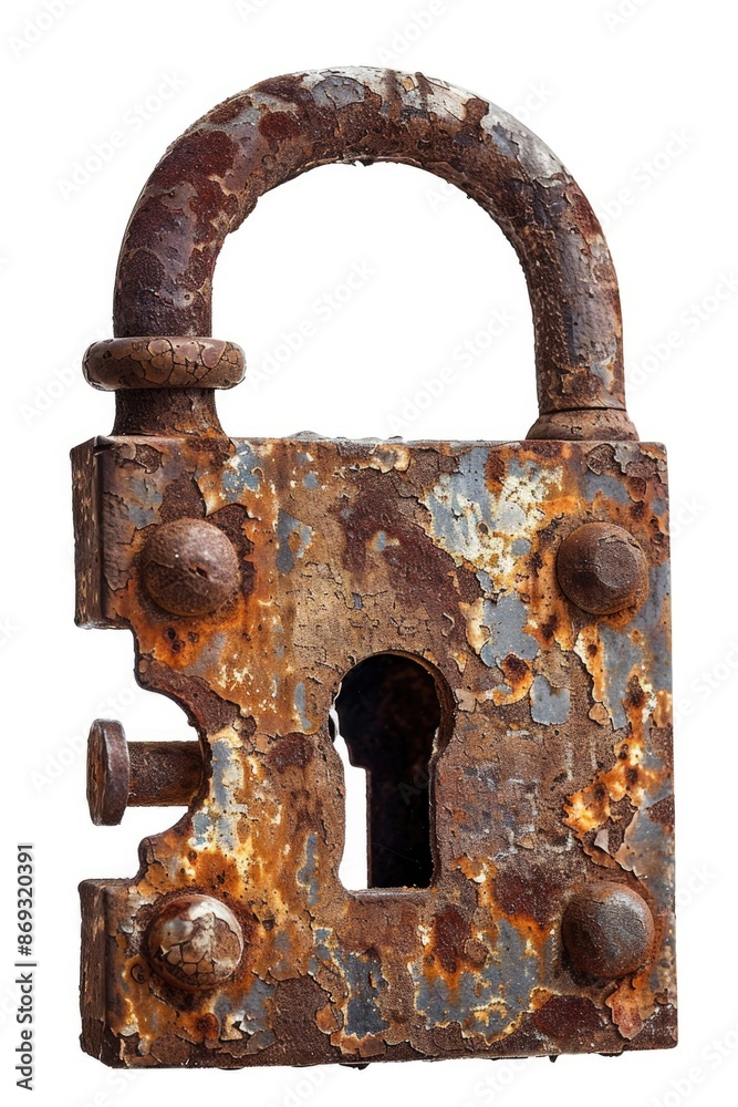 Poster a worn-out padlock with a keyhole, ideal for use in historical or antique settings