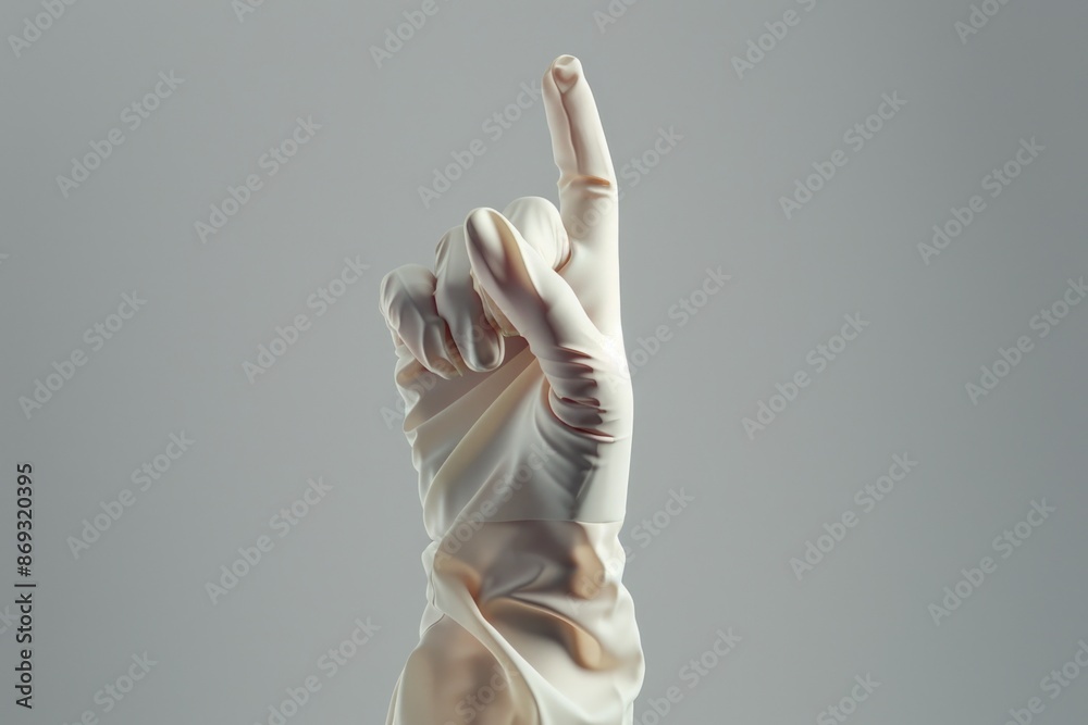 Poster a close-up of a gloved hand with the index finger raised, possibly indicating attention or caution