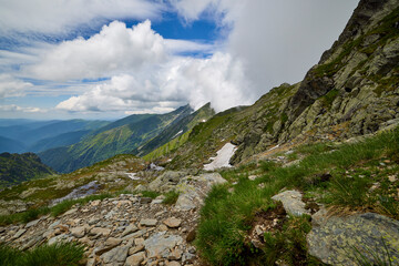 Landscape with the Fagarasi mountains in Romania on a summer day.