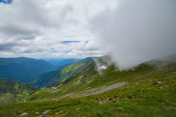 Landscape with the Fagarasi mountains in Romania on a summer day.