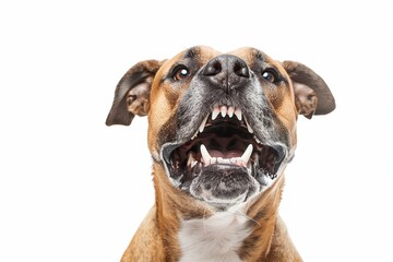 Obraz premium An aggressive dog with teeth and angry emotion, isolated on a white background, showing the harm caused by a pet attack.