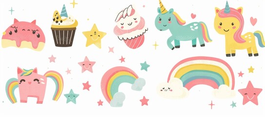 In soft colors, these sweet ponies and happy cats are topped with kawaii emoticons: cupcake, fulling star, rainbow, heart, and happy crown icons for pajamas, greeting cards, and birthday party