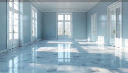 Fototapeta premium Elegant classical-style room with tall windows, soft light patterns, and a glossy marble floor