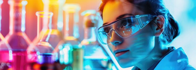 Young female scientist wearing safety goggles conducts an experiment in a lab.