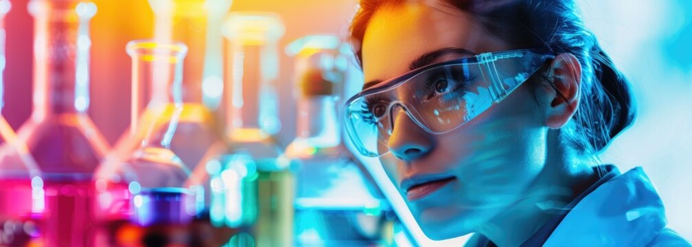 Young female scientist wearing safety goggles conducts an experiment in a lab. - Powered by Adobe