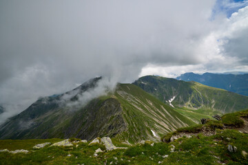 Landscape with the Fagarasi mountains in Romania on a summer day.