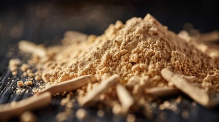 A pile of wood chips on a wooden table